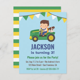 Cute Boy and Dog On Tractor Birthday Party Invitation