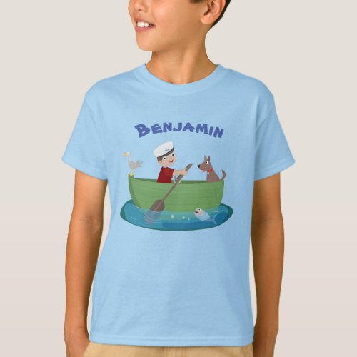 Cute boy and dog rowing boat cartoon T_Shirt