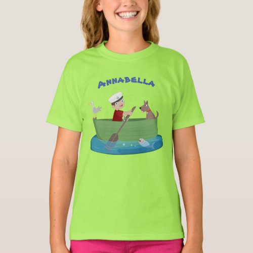 Cute boy and dog rowing boat cartoon T_Shirt