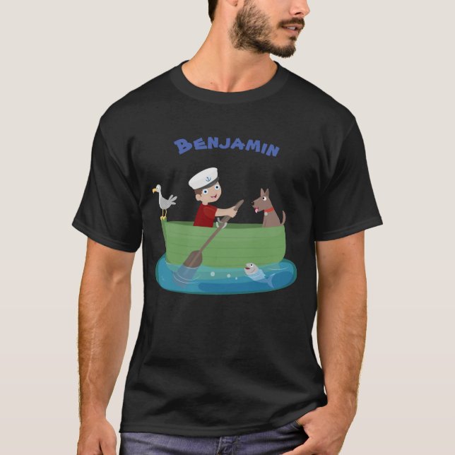 Cute boy and dog rowing boat cartoon T-Shirt (Front)