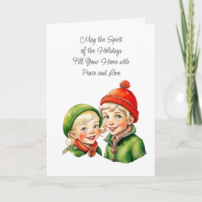 Cute Boy and Girl Elves Christmas Card (Front)