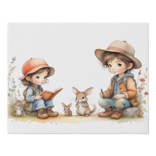 Cute Boy and Girl Reading Book Rabbits Flowers Faux Canvas Print