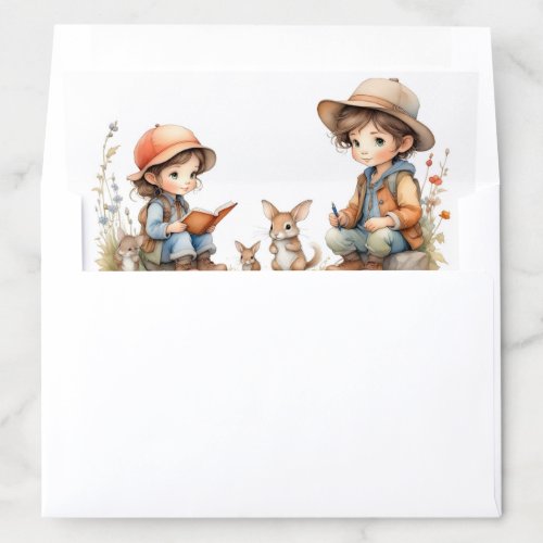 Cute Boy and Girl Reading Book to Rabbits Flowers Envelope Liner