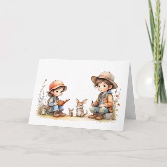 Cute Boy and Girl Reading Book Together Greeting Card (Front)