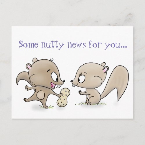 Cute boy and girl squirrels with peanut cartoon postcard