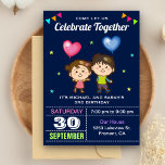 Cute Boy and Girl Twin Birthday Party Invitation<br><div class="desc">Amaze your guests with this twin birthday party invite featuring a cute boy and girl holding balloons with modern typography against a blue background. Simply add your event details on this easy-to-use template to make it a one-of-a-kind invitation. Flip the card over to reveal a colorful stripes pattern on the...</div>