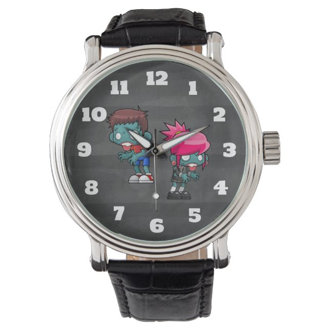 Cute Boy and Punk Rock Girl Zombie Illustration Watch (Front)