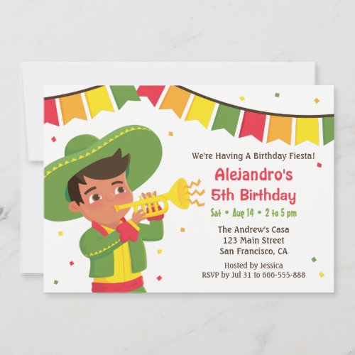 Cute Boy and Trumpet Mexican Fiesta Birthday Party Invitation