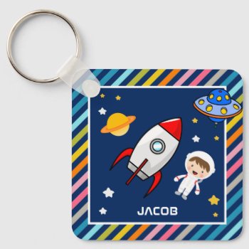 Cute Boy Astronaut Outer Space Rocket Kids Room Keychain by ShabzDesigns at Zazzle
