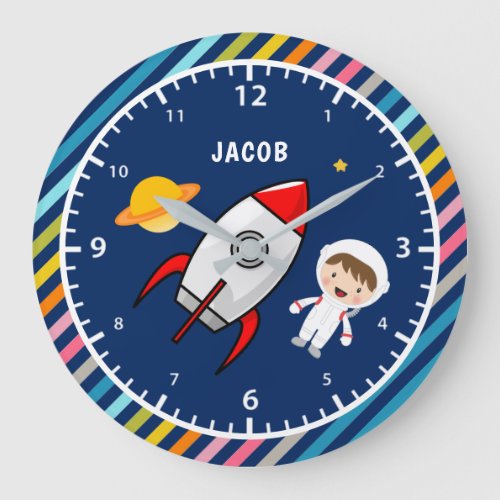 Cute Boy Astronaut Outer Space Rocket Kids Room Large Clock