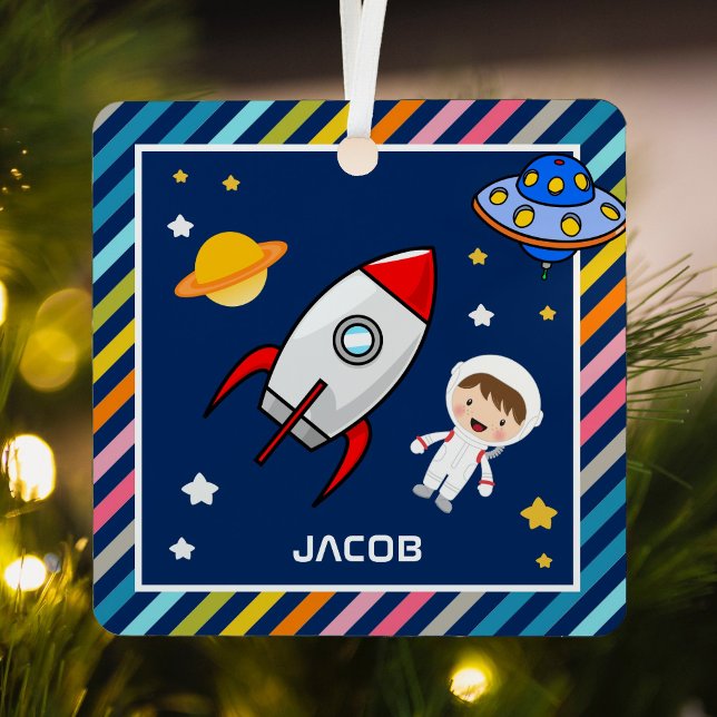 Cute Boy Astronaut Outer Space Rocket Kids Room Metal Ornament (Creator Uploaded)