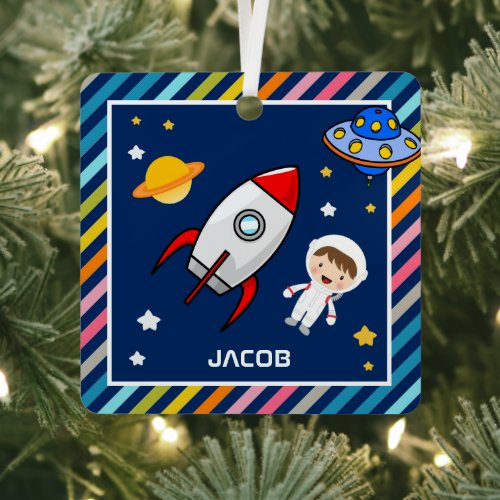 Cute Boy Astronaut Outer Space Rocket Kids Room Metal Ornament