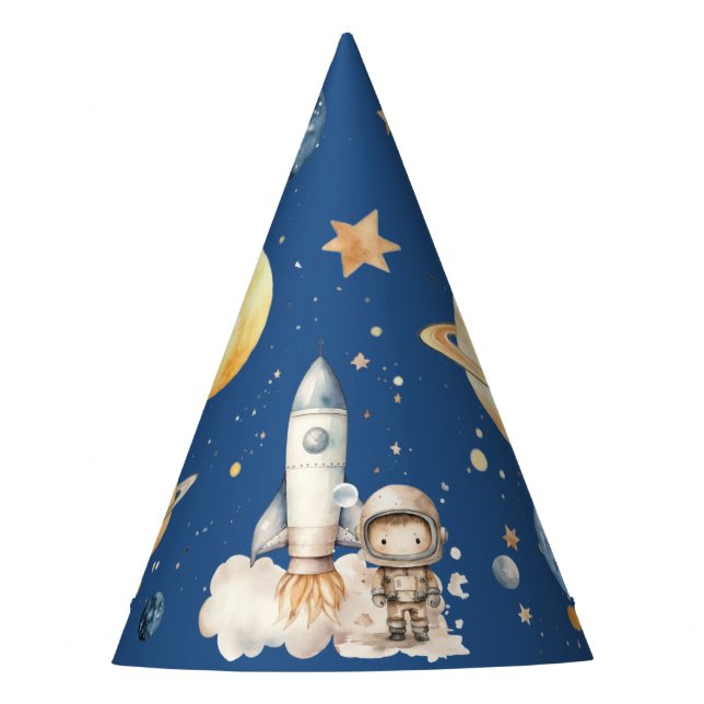 Cute Boy Astronaut Space Blue Birthday Party Hat (Front)