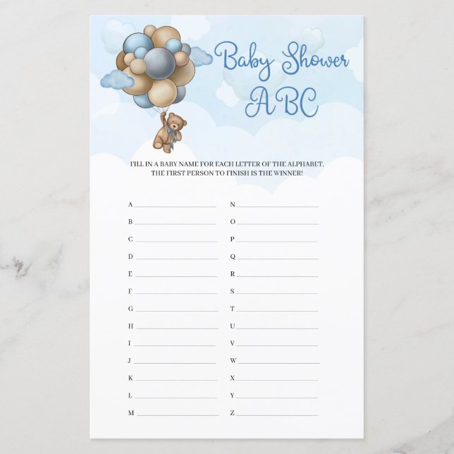 Cute Boy baby bear brown balloons Baby Shower ABC (Front)
