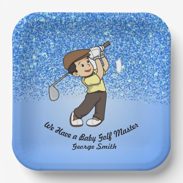 Cute Boy Baby Blue Personalisable Golf Master Paper Plates (Front)