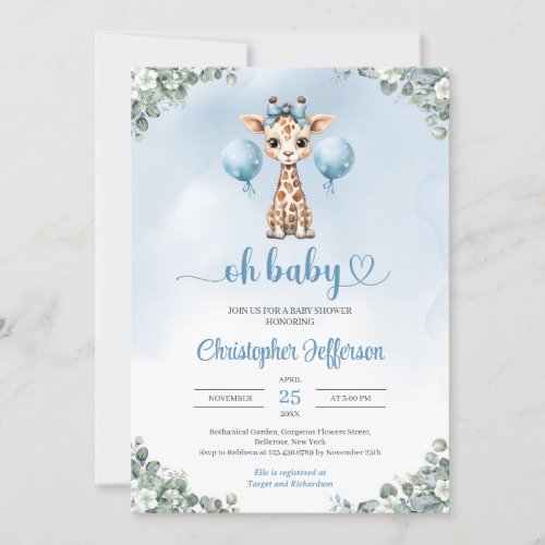 Cute boy baby giraffe eucalyptus baby shower invitation