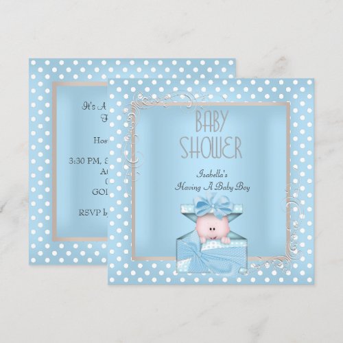 Cute Boy Baby Shower Blue White Polka Dots Custom Invitation