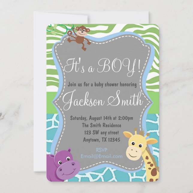 Cute Boy Baby Shower Zoo Animal Invitation (Front)