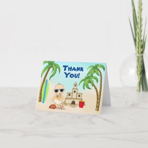 Cute Boy Beach Baby Sandcastle and Surfboard Thank You Card