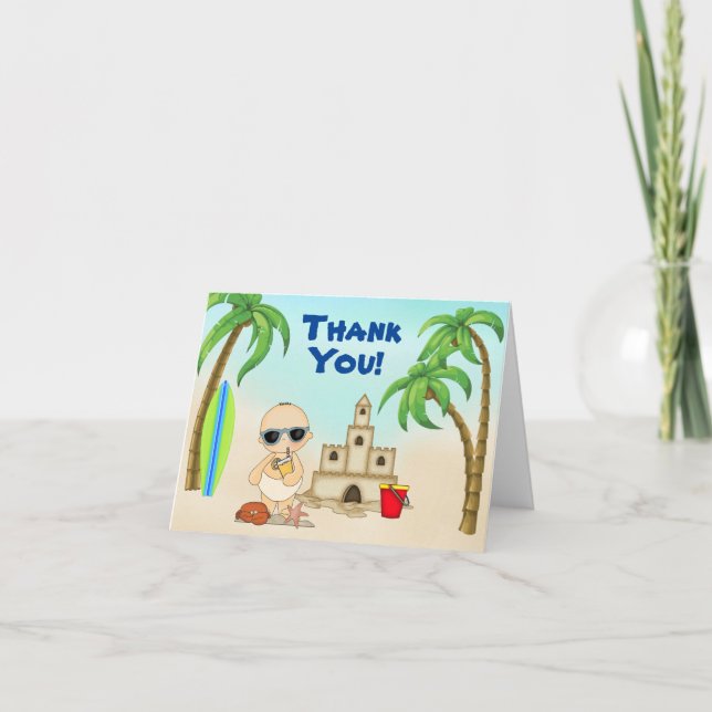 Cute Boy Beach Baby Sandcastle and Surfboard Thank You Card (Front)