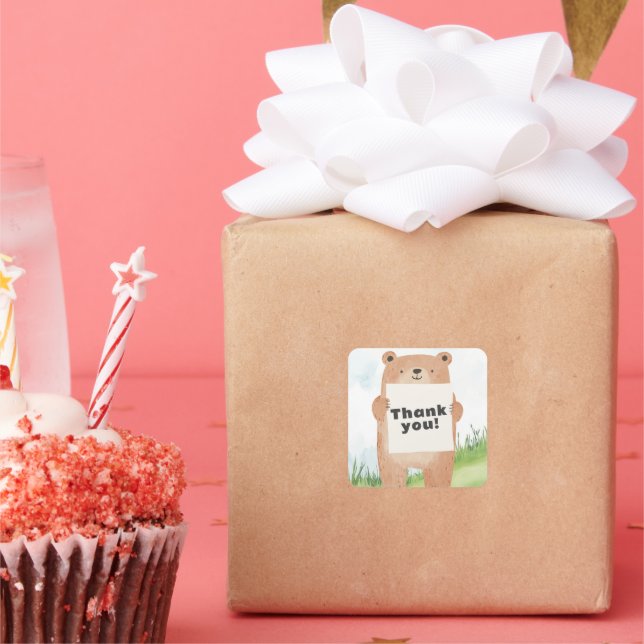 Cute boy Bear Holding name or message Square Sticker (Party)