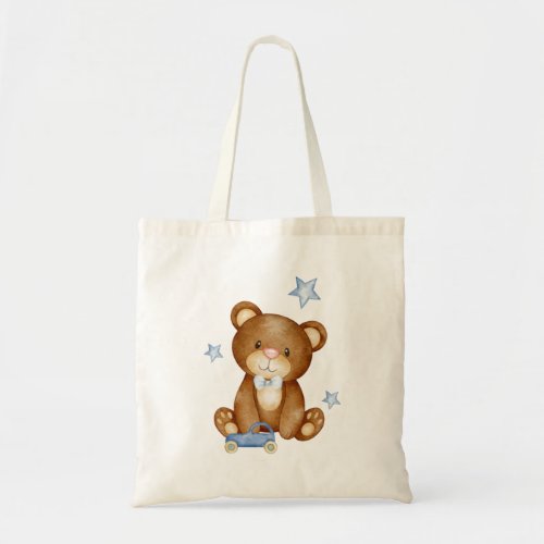 Cute Boy Bear Pastel Blue Bowtie Stars Car Toy   Tote Bag