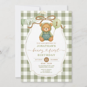 Cute Boy Beary First Birthday Sage Green Gingham Invitation