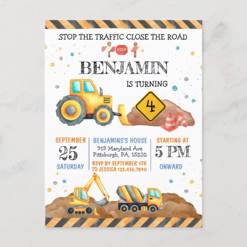 Cute Boy Birthday Construction Vehicles Party Postcard