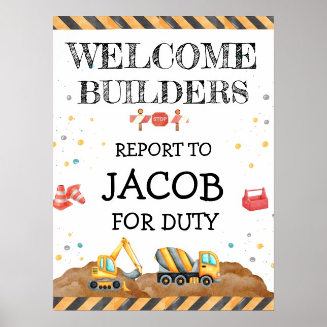 Cute Boy Birthday Construction Vehicles Party Poster (Front)