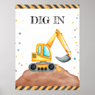 Cute Boy Birthday Construction Vehicles Party Poster