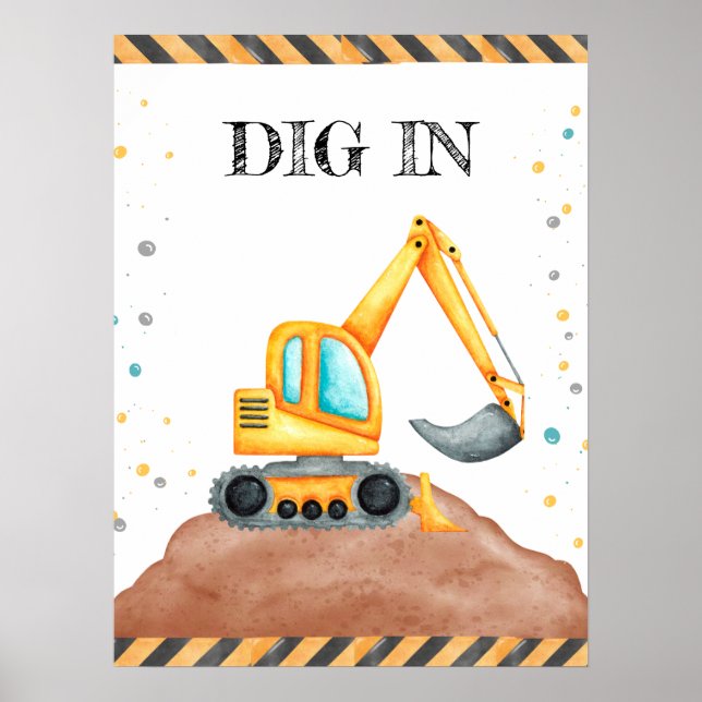 Cute Boy Birthday Construction Vehicles Party Poster (Front)