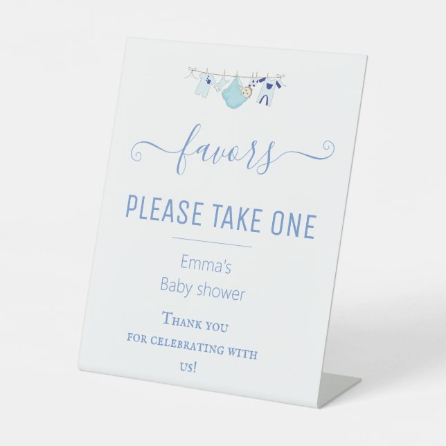 Cute Boy Blue Favors Baby Shower Table Sign  (Front)