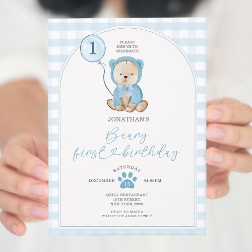 Cute Boy Blue Gingham Balloon Beary First Birthday Invitation