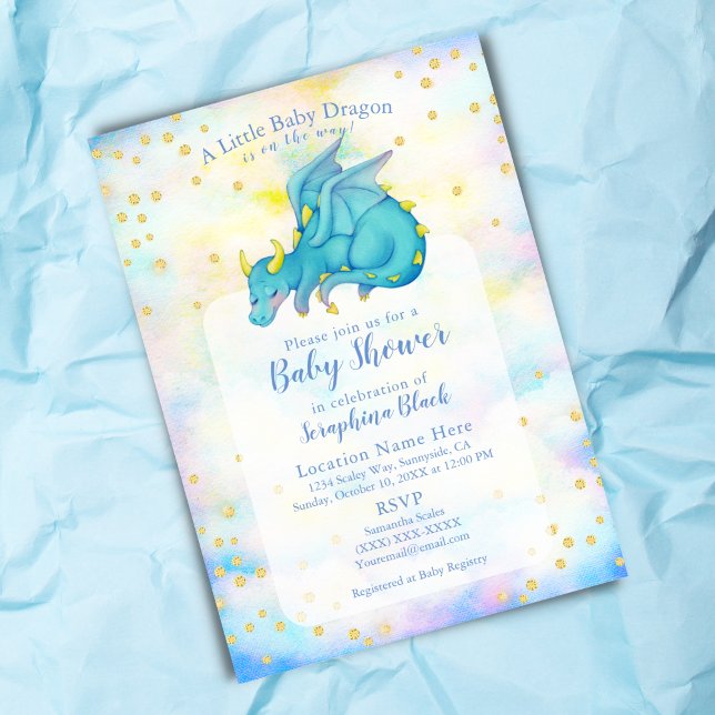 Cute Boy Blue Gold Dragon Baby Shower Invitation