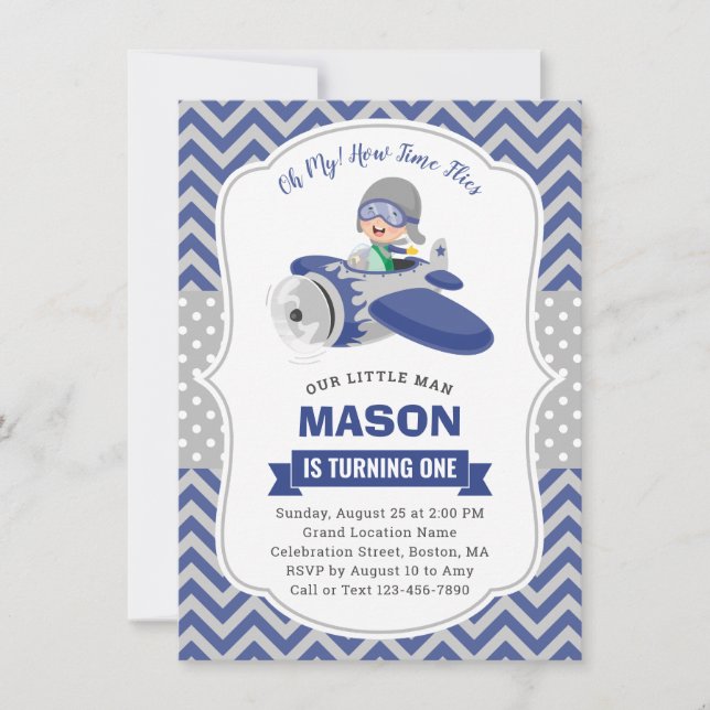 Cute Boy Blue Gray Airplane 1st Birthday Party Invitation (Front)