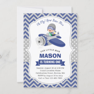 Cute Boy Blue Gray Airplane 1st Birthday Party Invitation