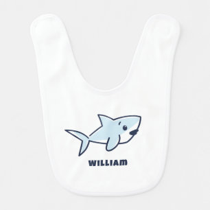 Cute Boy Blue Hand-Drawn Baby Shark Name Baby Bib