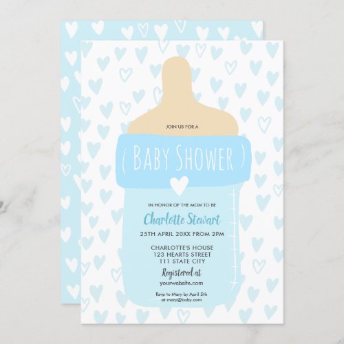 Cute  boy blue hearts baby bottle baby shower invitation