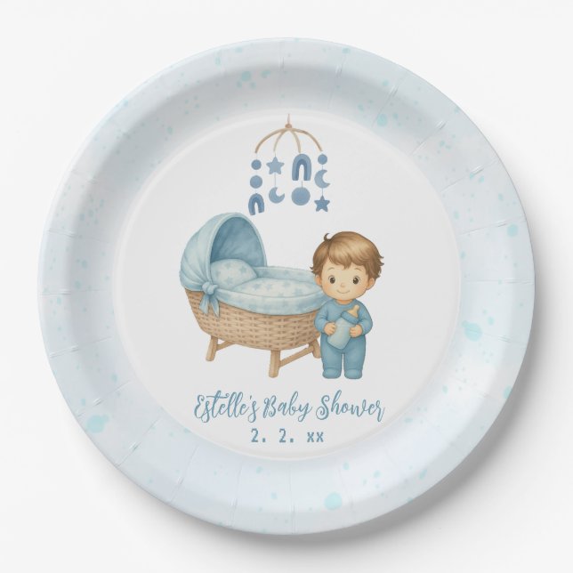 Cute Boy Blue Nursery Baby Shower  Paper Plates (Front)