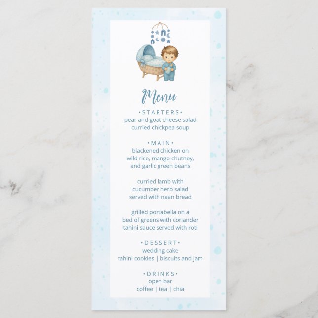  Cute Boy Blue Nursery Baby Shower Party Menu (Front)