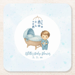 Cute Boy Blue Nursery Baby Shower  Square Paper Coaster