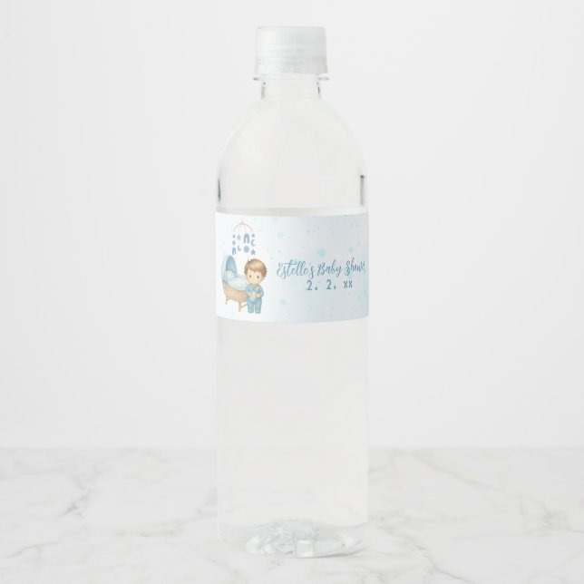 Cute Boy Blue Nursery Baby Shower  Water Bottle Label (Front)