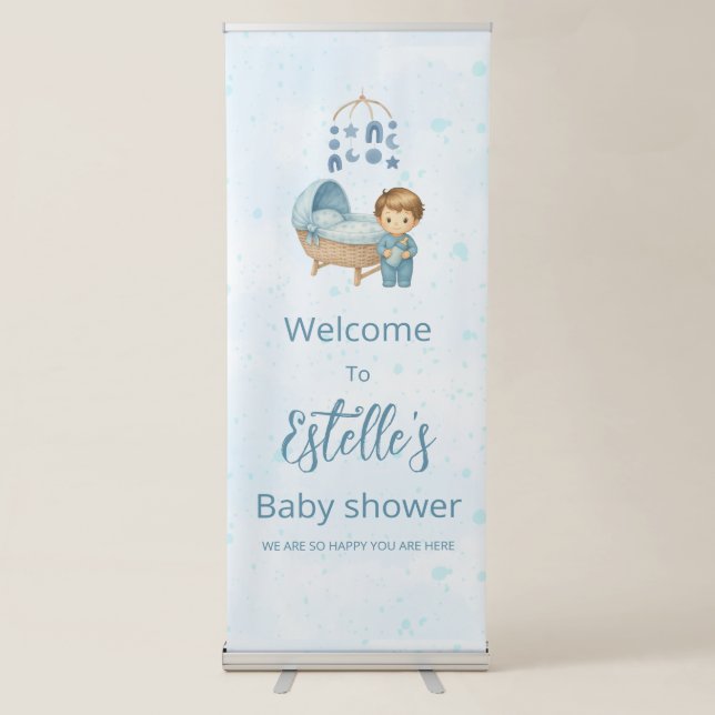 Cute Boy Blue Nursery Baby Shower welcome  Retractable Banner (Front)