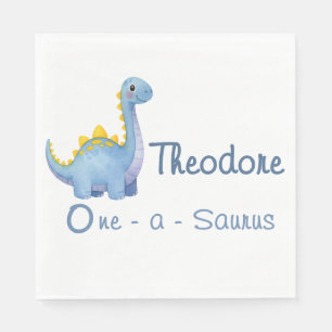 Cute Boy Blue Watercolor One-a-Saurus 1st Birthday Napkins