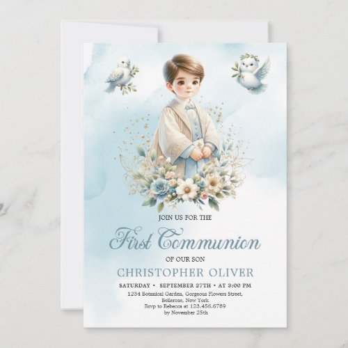 Cute boy blue white flowers doves First Communion Invitation