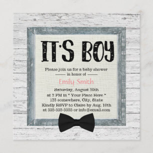 Cute Boy Bow Tie Rustic Wood Baby Shower Invitation