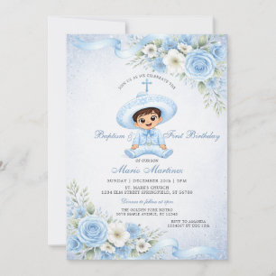 Cute Boy Charro Dusty Blue Floral Baptism Birthday Invitation