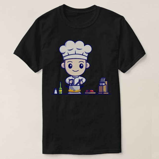 Cute Boy Chef Cooking In Kitchen Cartoon T-Shirt (Design Front)