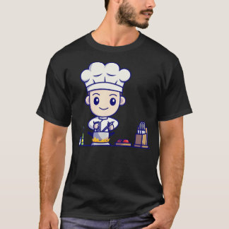 Cute Boy Chef Cooking In Kitchen Cartoon T-Shirt
