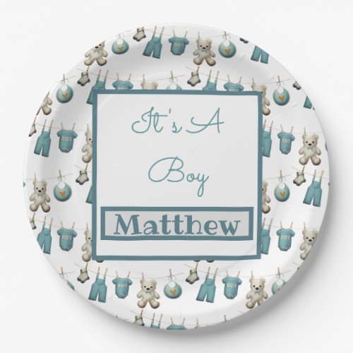 Cute Boy Clothes Line Baby Shower Gender Reveal Paper Plates